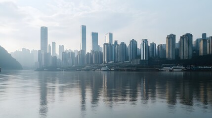 Obraz premium Cityscape with Skyscrapers Reflected in Rippling River Water