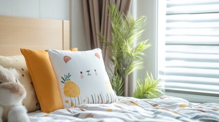 A pillow with a cute animal design, sitting on a child bed, creating a playful and comforting atmosphere.
