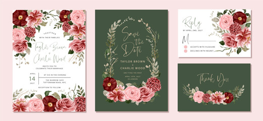 wedding invitation set with red pink green floral watercolor frame