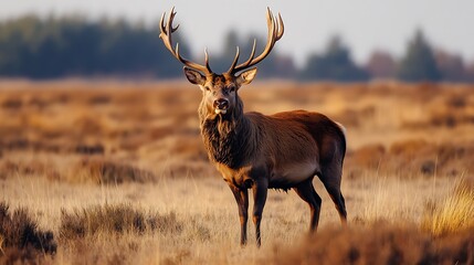 Obraz premium A large male deer with large antlers stands in a field of tall grass.