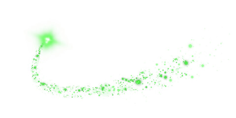 Green glowing light effect with many glitter particles. Starry cloud with dust. Magic christmas decoration. Luminous bokeh softly shimmering green light. Light abstract glowing lights. PNG.
