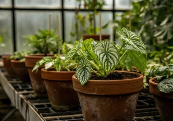 Green leafy plants in terracotta pots in a greenhouse