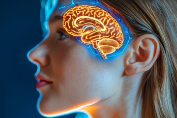 Obraz premium Synaptic network memory pathways synaptic transmission dendritic spine and deep learning models woman in profile with glowing neural brain concept illuminated by futuristic neurons