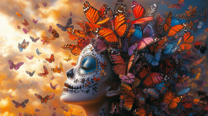 Fantasy mystical depiction of Catrina with headpiece made of butterflies