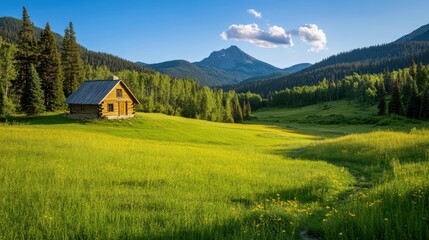 Rustic Cabin Amidst Lush Greenery and Majestic Mountains