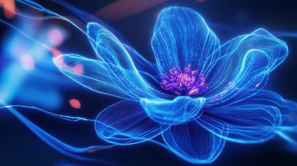 Neon blue lines wrapping around a flower in an abstract, futuristic design that evokes technology, motion, and the flow of information
