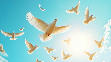 Serene White Doves Soaring Against a Clear Blue Sky, dove, bird, wildlife, nature