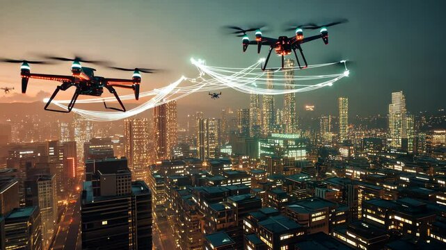 Drones Flying Over City at Dusk