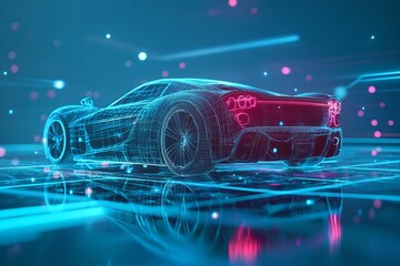Naklejka premium High-Tech Wireframe Car Render with Neon Blue Accents, Digital, Lighting, Effects, Background