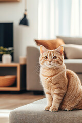 Ginger cat sitting on a couch in a cozy contemporary living room with natural light.