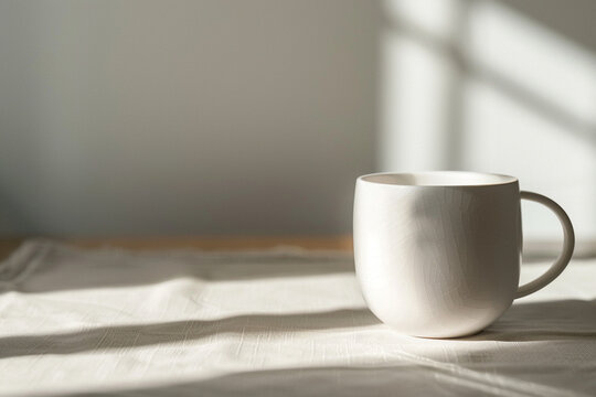 Smooth Side Lighting Casting Shadows on a White Ceramic Cup &ndash; Emphasizing Refined Minimalism with a Blurred Tablecloth in the Foreground Adding Depth and Elegance
