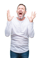 Middle age hoary senior man wearing white t-shirt over isolated background crazy and mad shouting and yelling with aggressive expression and arms raised. Frustration concept.