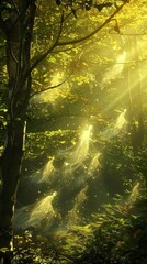 Obraz premium A serene and mystical forest with fairies in shimmering white flying amidst golden-lit trees, creating a dreamlike atmosphere full of wonder and mystery.