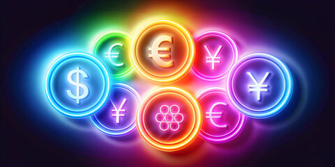 3D Glowing Abstract Currency Exchange Concept: Vibrant Digital Art Piece Featuring Glowing Currency Symbols in an Abstract Environment, Emphasizing Global Finance and Modern Economies