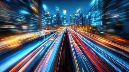 Obraz premium Captivating dynamic photo of a city skyline with speeding traffic and glowing lights creating motion blur effect
