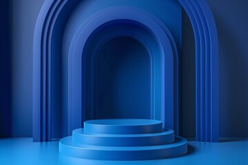 3d rendering blue realistic cylinder products podium 3D background. Arch backdrop. Minimal wall scene mockup product stage showcase, Banner promotion display. Abstract vector geometric forms