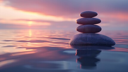 Stacked Stones on Water at Sunset