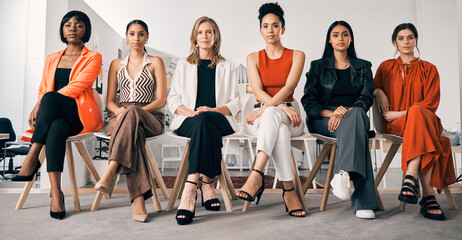 Women, portrait and fashion designer with row for interview, career or job opportunity at modeling...