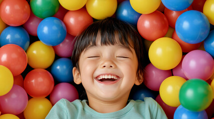 Obraz premium Happy child playing in colorful ball pit, surrounded by vibrant red, yellow, and blue balls, expressing pure joy and excitement