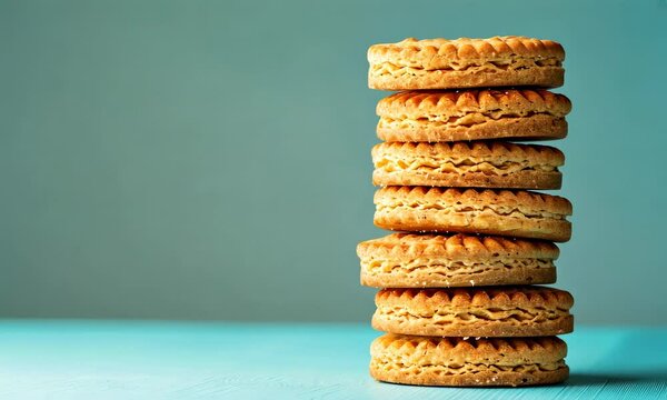 Stack of five round cookies on blue background