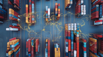 Obraz premium Stacks of colorful shipping containers are arranged in rows at a port, with a glowing digital world map overlay