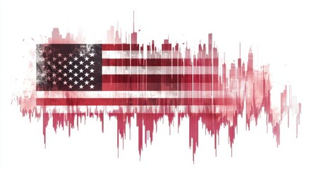 A digital art piece combining the American flag with stock market charts, symbolizing the experience of wealth and self-reliance in the USA during a ruby-red color theme Generative AI