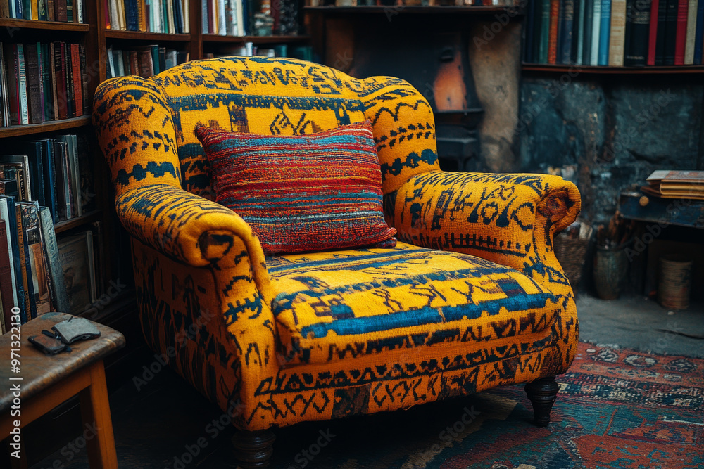 Wall mural a yellow chair with a red pillow on it