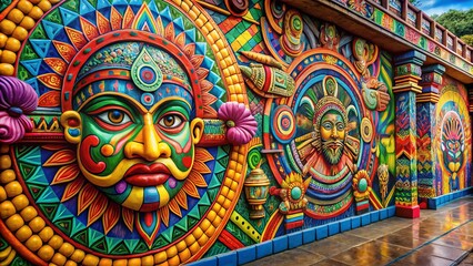 Vibrant Mayan-inspired murals with bright colors and intricate designs