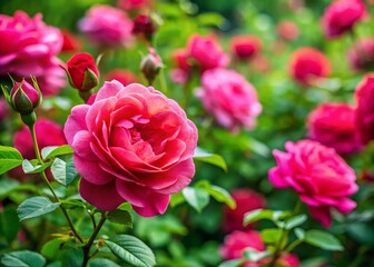 Fototapeta premium Vibrant rose blooms amidst lush green foliage soft focus