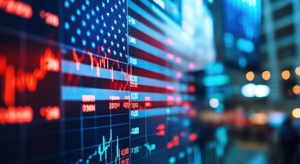 A stock market display showing the U.S. flag and financial data, with numbers in English on it The background is blurred to highlight details of an American wallpaper design with the U.S Generative AI