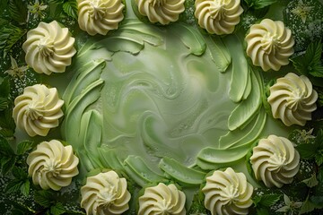 Obraz premium Elegant Green Tea Mousse Cake with Floral Whipped Cream Swirls for Dessert and Party Celebrations