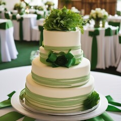 Three-tiered wedding cake with creamy frosting and green foliage on a silver tray.