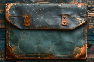 Naklejka premium Vintage Distressed Leather Portfolio on Rustic Wooden Surface - Ideal for Retro Design and Decorative Projects