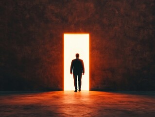 Obraz premium Person stepping through a doorway into bright light, representing a new beginning