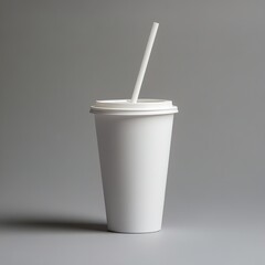 White takeaway cup with straw on neutral gray background