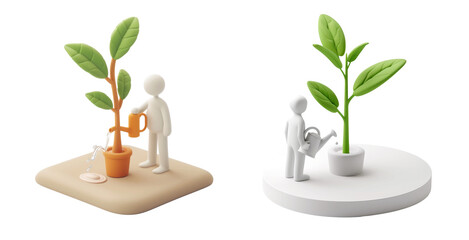 3D illustration of person watering plant in pot growth concept environmental care icon isolated on white background with clipping path for web design presentation advertisement banner illustration