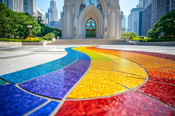 A rainbow mosaic is on the ground in front of a church