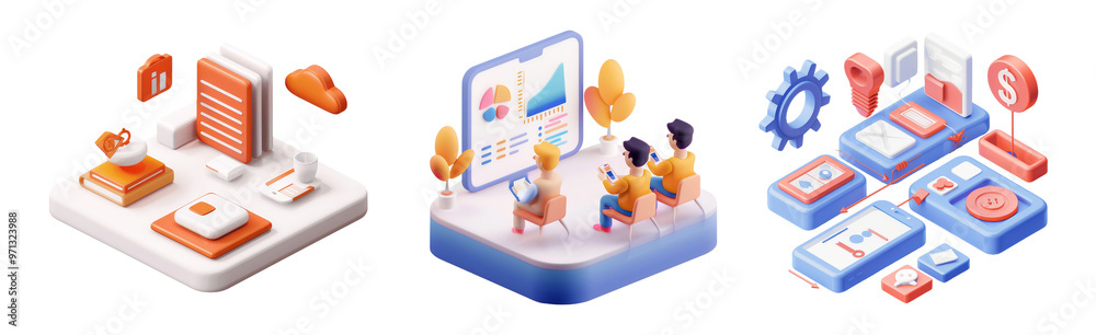 Wall mural isometric business illustrations set featuring business analysis data analysis and mobile app develo