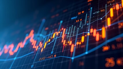 Dynamic financial chart with glowing indicators, representing market trends and data analysis. Ideal for finance, investment, and technology themes.