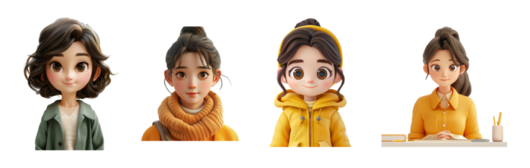 Cute 3D cartoon girl character wearing different outfits for multiple use cases like studying reading book fashion lifestyle freelance work from home
