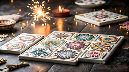Fototapeta premium Eco-Conscious Watercolor Rangoli Celebration Tiles: Seamless Patterns with Zero Waste Elements, Biodegradable Confetti, and Reusable Decorations in Festive Colors