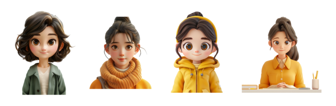Cute 3D cartoon girl character wearing different outfits for multiple use cases like studying reading book fashion lifestyle freelance work from home