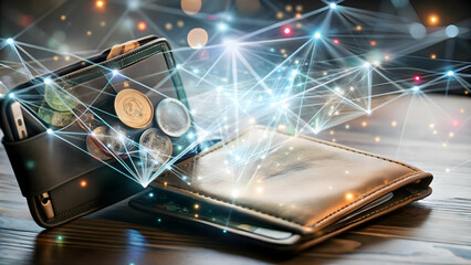 Flat Glowing Abstract Wallet Design: Futuristic Digital Savings Concept with Holographic Symbols and Vibrant Colors for Smart Finance Management