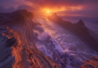 Fototapeta premium Dramatic sunrise over rocky coastline with waves crashing and vibrant colors in the sky