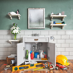 American style bathroom interior. Plumbing concept. 3d illustration