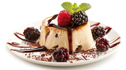 A delicious dessert is placed on a clean and pure white background. The dessert might have a rich and creamy texture. It could be a slice of cake with multiple layers or a decadent pastry. 
