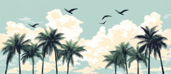 A collection of palm trees is depicted with birds soaring in the sky set against a backdrop of fluffy white clouds