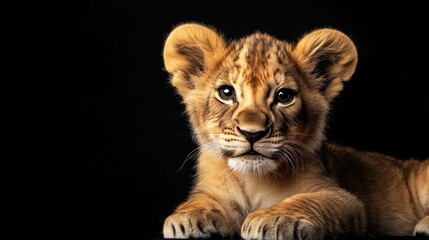 Obraz premium Lion cub lying on black background.