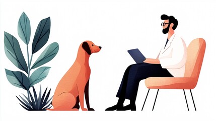 Illustrate a unique and engaging scene from a Pet health business services skillfully composed from a tilted angle view Blend traditional watercolor techniques with a touch of modern