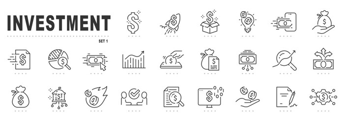 Set of investment related line icons. Finance, capital, profit, income, cash etc. Editable stroke